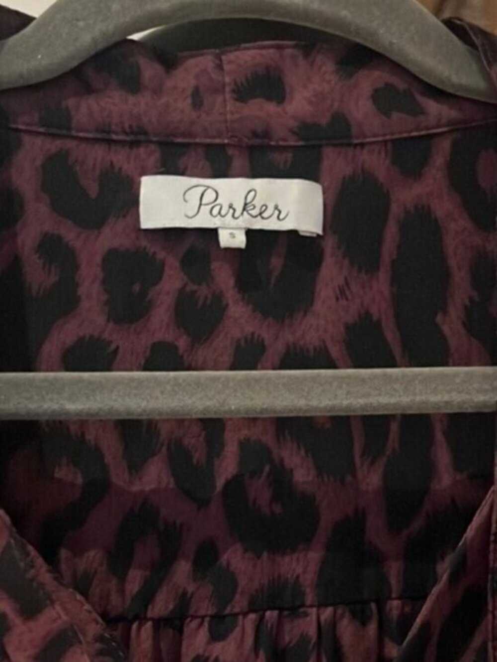 Parker Black Purple Leopard Print Long Sleeve Ruffle Mini Dress S - Picture 4 of 6
